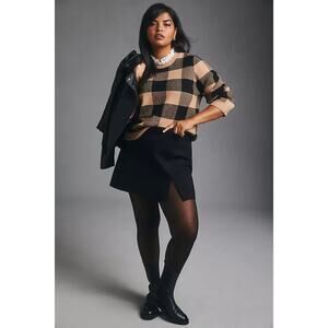 Anthropologie Tan Black Plaid Buffalo Check Ruffle Neck Sweater Large